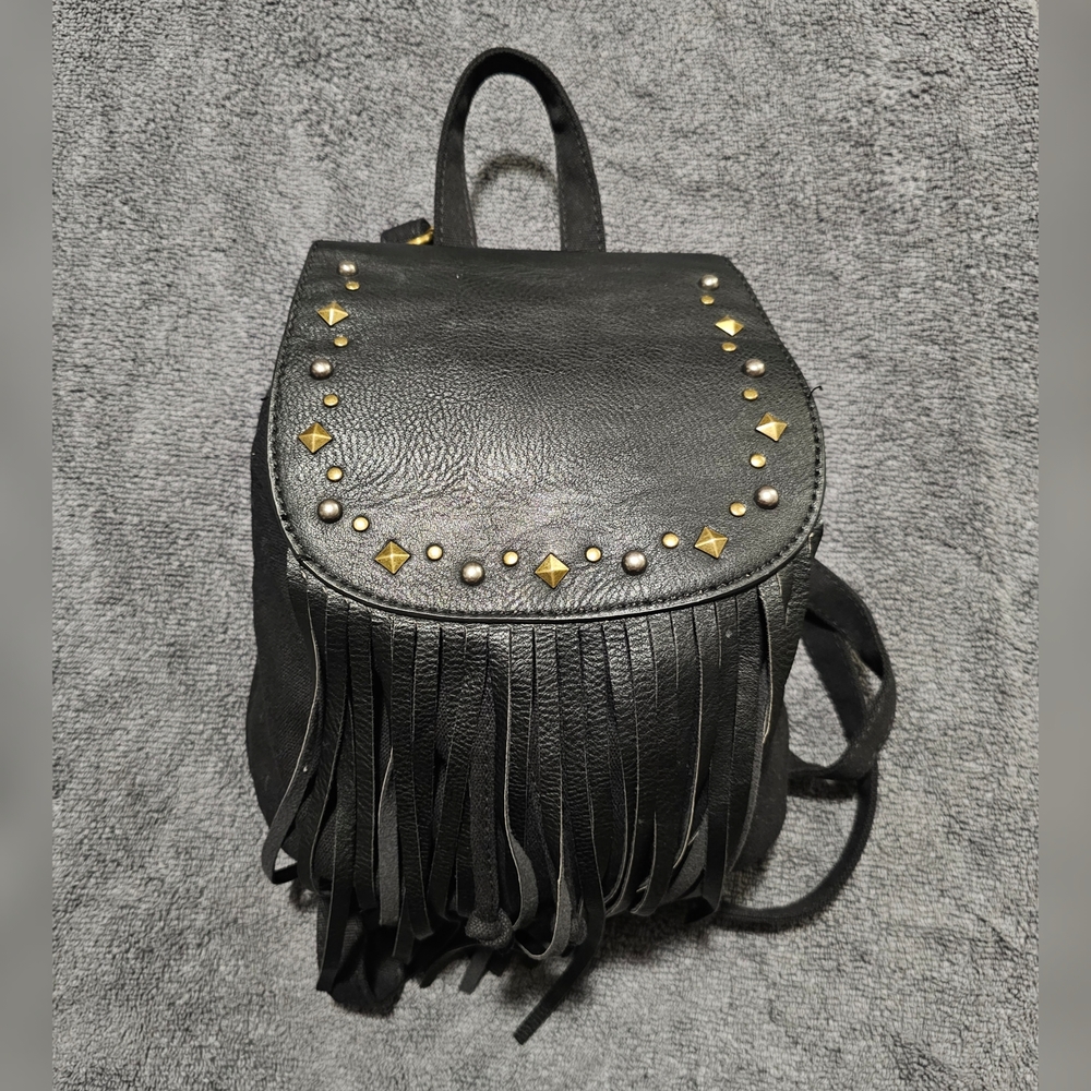 Black Fringe Backpack with Gold Studs